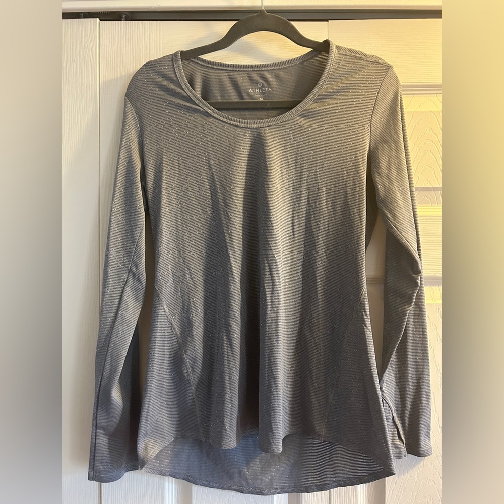 Athleta Womens Long Sleeve Shirt Gray Sparkle Size M Thumb Holes Athleisure